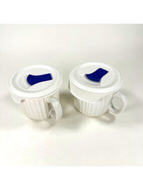 Corning Ware French White 20 Oz 591 ML Vintage 2 Mugs 2 Vented Lids F-22-VPC